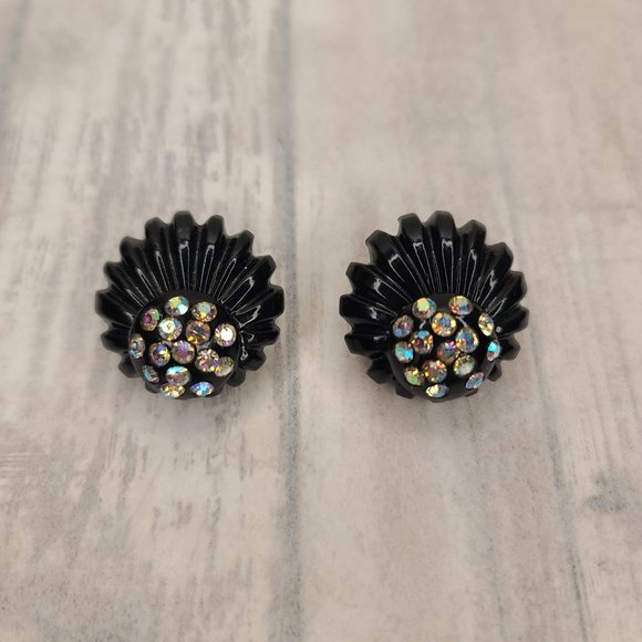 Black Lucite Carved Earrings with AB Crystals. Vintage Pinup Retro Goth - Picture 5 of 9